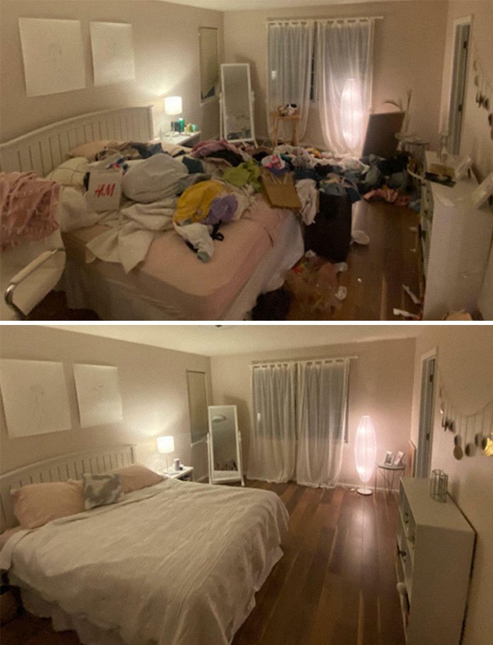 Bedroom before and after professional cleaning