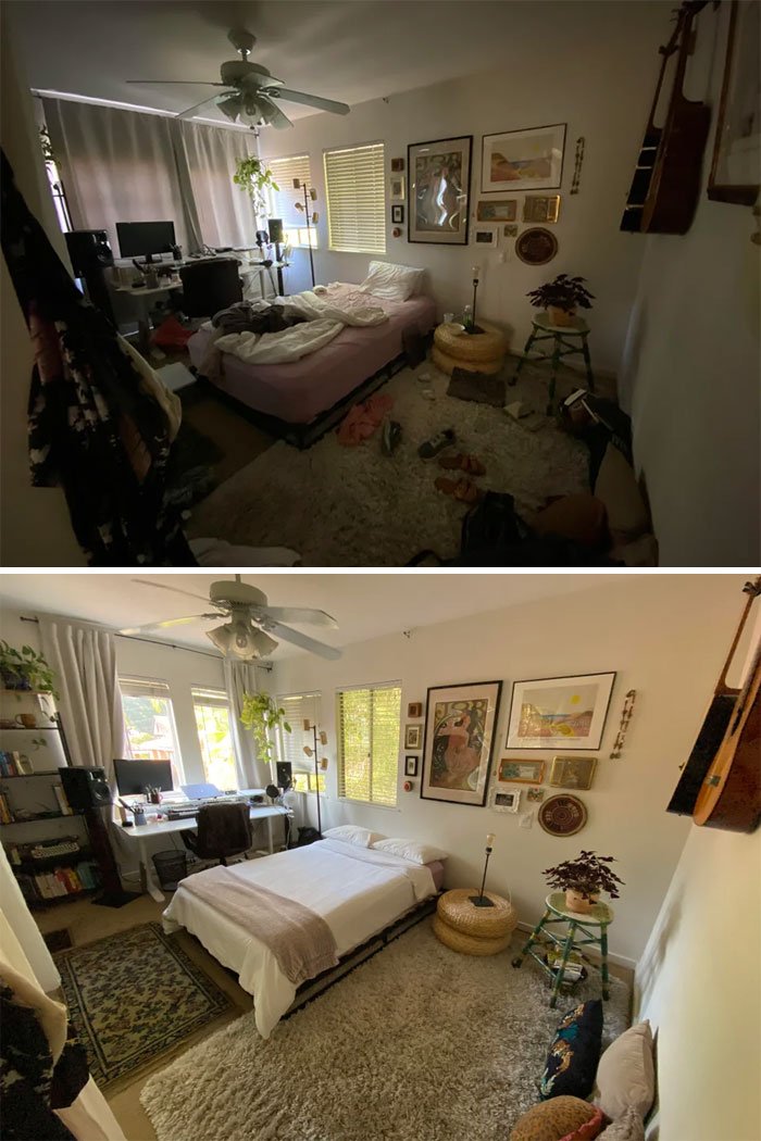 Bedroom before and after cleaning and organization